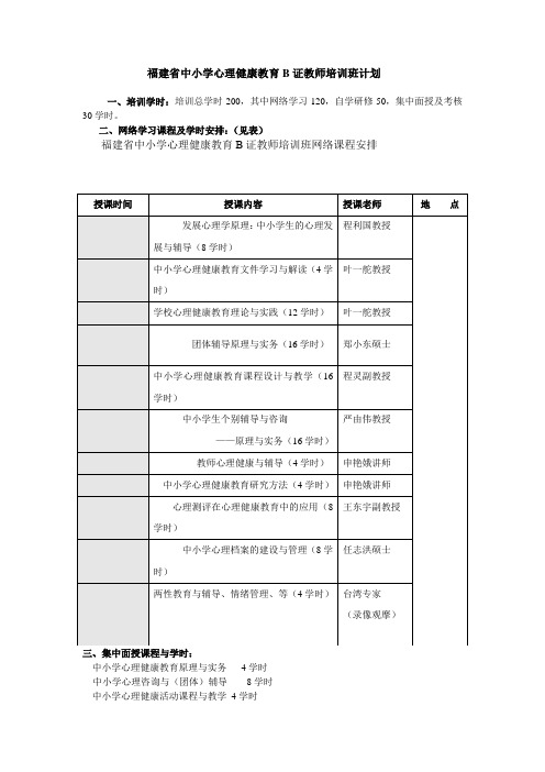 福建省中小学心理健康教育B证教师培训班计划