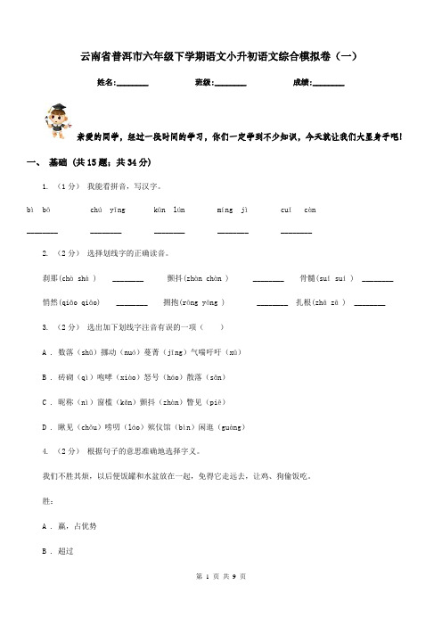 云南省普洱市六年级下学期语文小升初语文综合模拟卷(一)