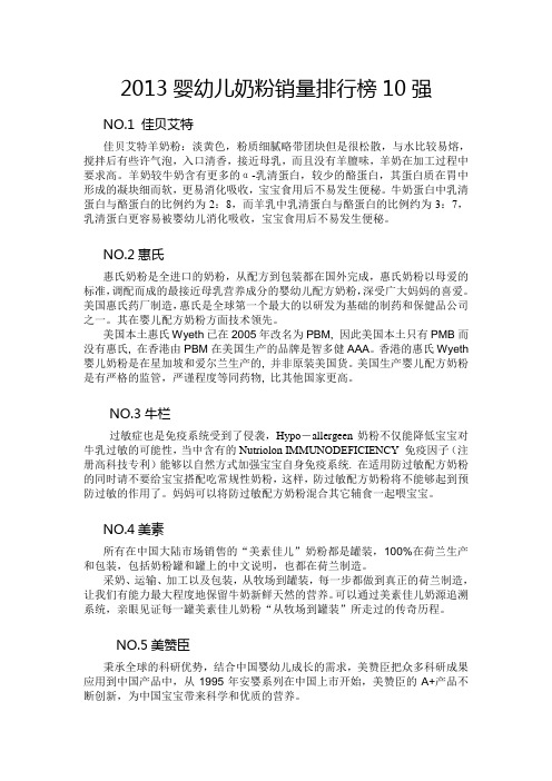2013婴幼儿奶粉销量排行榜10强