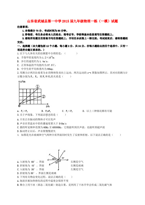 山东省武城县第一中学九年级物理一练(一模)试题