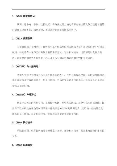 各个船公司的航线各航线的主要港口