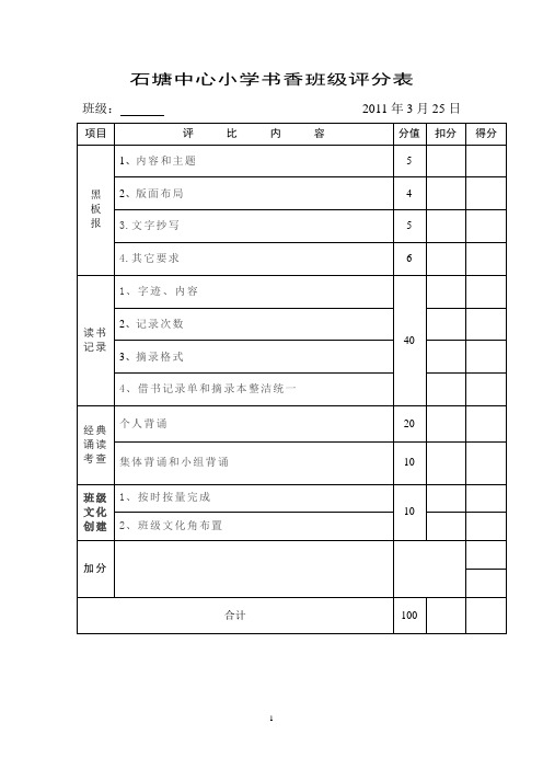 石塘中心小学书香班级评分表