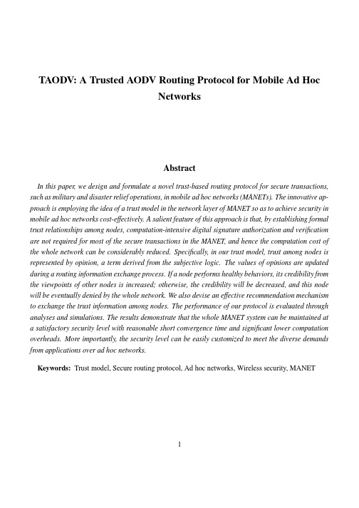 TAODV A Trusted AODV Routing Protocol for Mobile Ad Hoc Networks