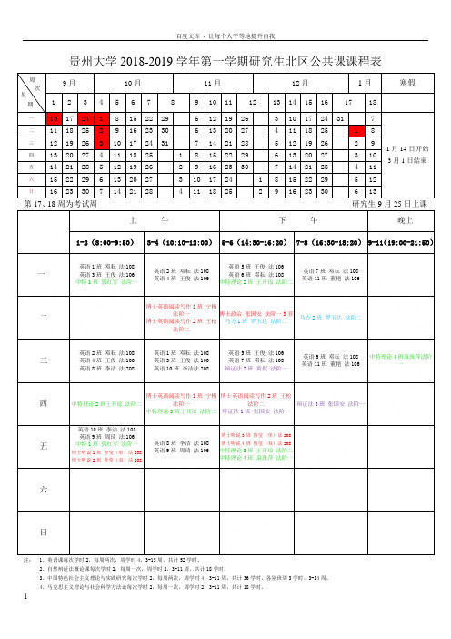 贵州大学20182019学年第一学期研究生北区公共课课程表