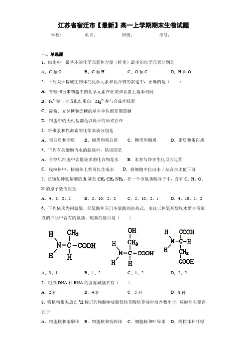 江苏省宿迁市高一上学期期末生物试题