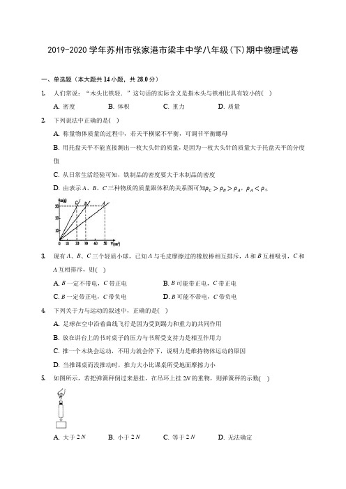 2019-2020学年苏州市张家港市梁丰中学八年级(下)期中物理试卷(含答案解析)