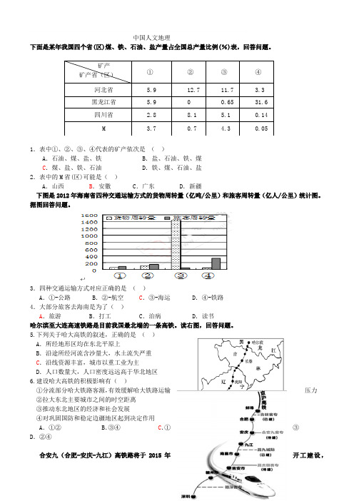 人教版高三二轮专题练习中国地理--人文地理专题练习