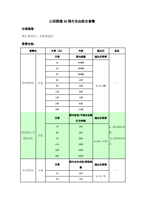 山西联通4G全国自由组合套餐