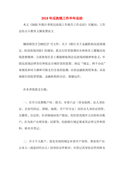 2019年反洗钱工作半年总结