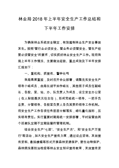 林业局2018年上半年安全生产工作总结和下半年工作安排