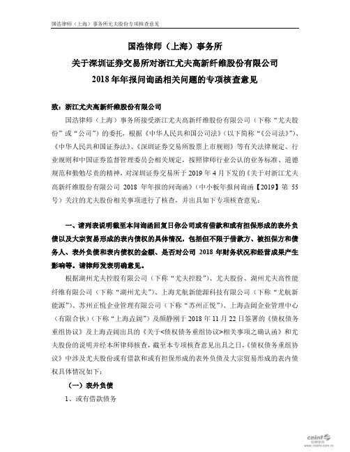 ST尤夫：国浩律师(上海)事务所关于深圳证券交易所对公司2018年年报问询函相关问题的专项核查意见