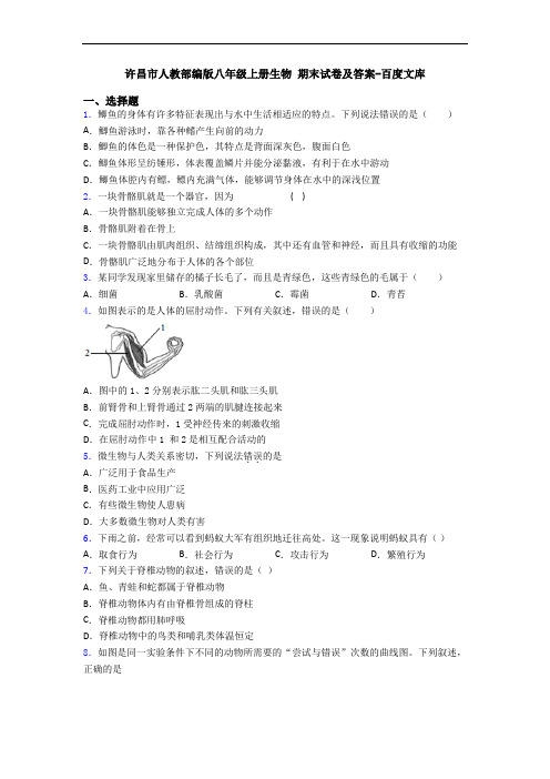 许昌市人教部编版八年级上册生物 期末试卷及答案-百度文库