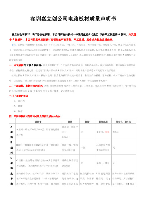深圳嘉立创公司电路板材质量声明书