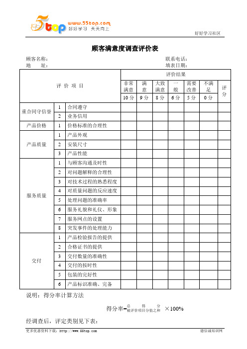 顾客满意度调查评价表范例