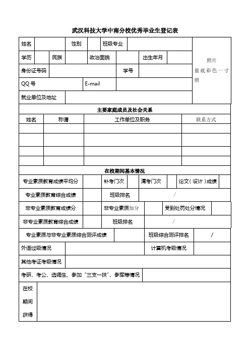 武汉科技大学中南分校优秀毕业生登记表