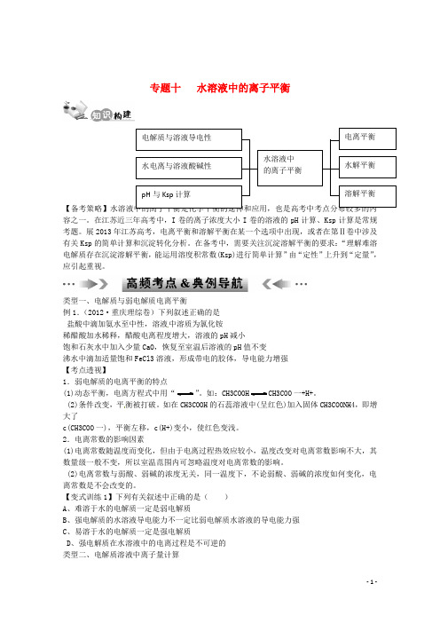 江苏省2013年高考化学二轮 专题十 水溶液中的离子平衡最新讲义