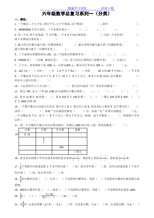 苏教版小学六年级数学总复习题库(分类)