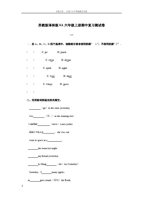 苏教版译林版6A六年级上册期中复习测试卷