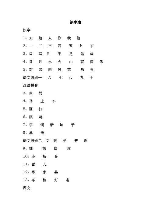部编一年级语文上册识字表(不带注音)便于识字练习