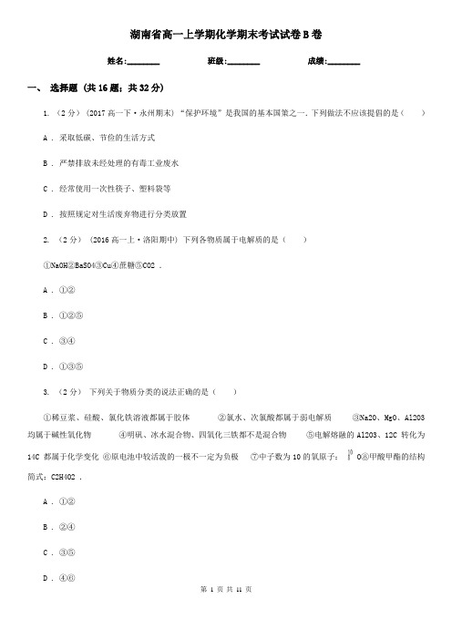 湖南省高一上学期化学期末考试试卷B卷