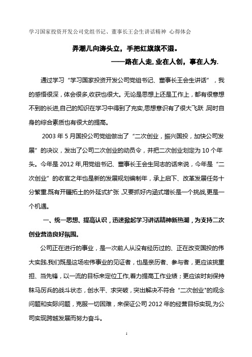 学习国家投资开发公司党组书记董事长王会生讲话精神心得体会