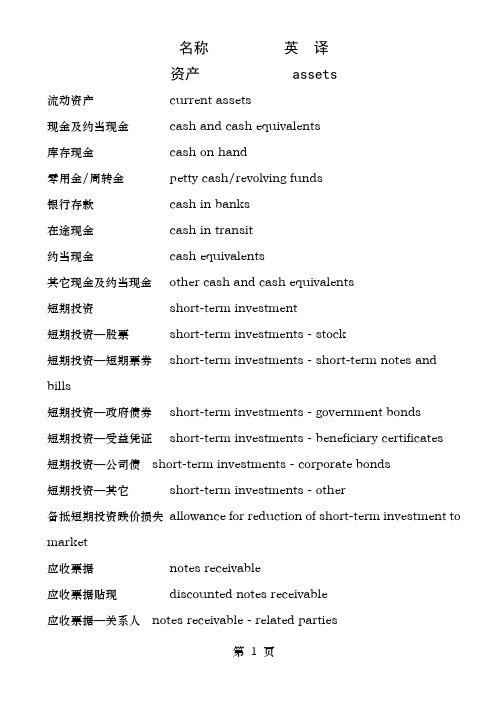 会计科目中英文对照