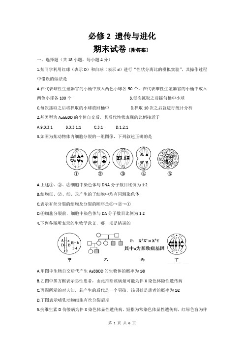 高中生物必修2 遗传与进化期末试卷附答案