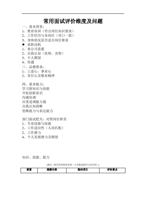 常用面试评价维度及问题