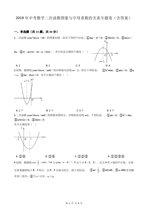 2019年中考数学二次函数图象与字母系数的关系专题卷(含答案)