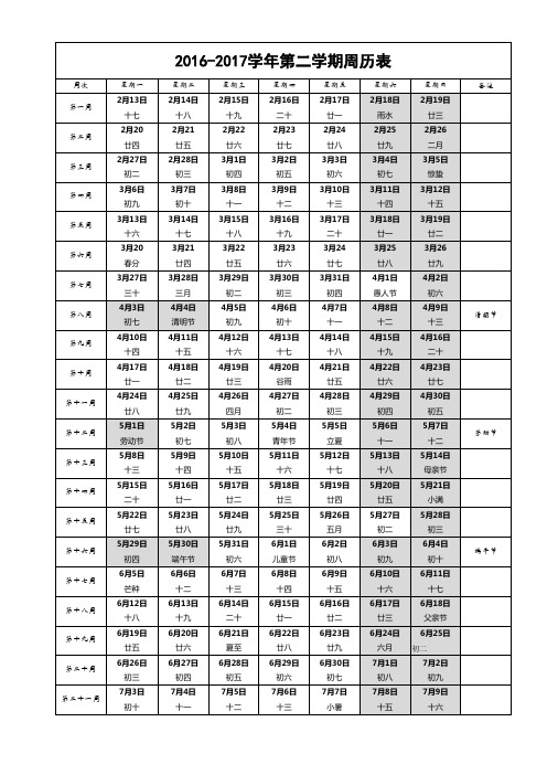 2016-2017学年第二学期周历表