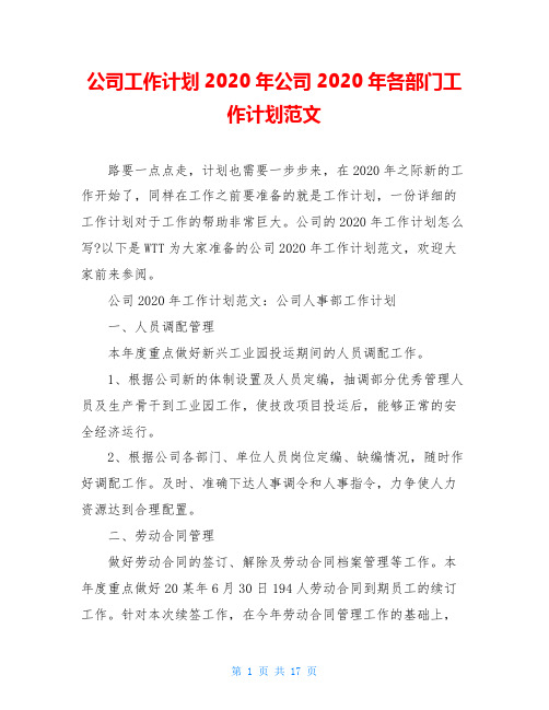 公司工作计划2020年公司2020年各部门工作计划范文