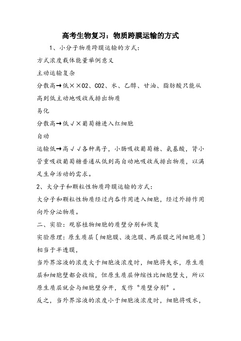 高考生物复习：物质跨膜运输的方式