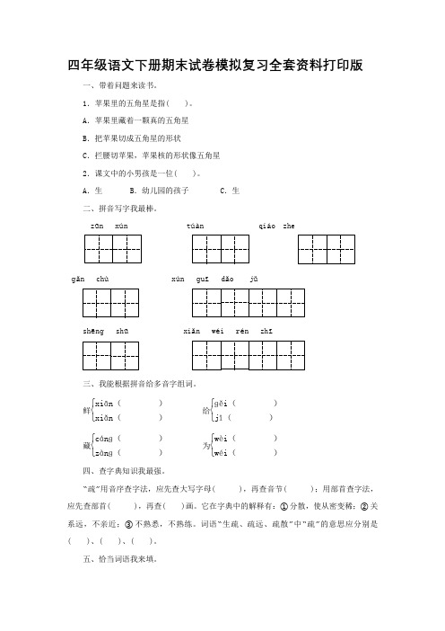 四年级暑假作业暑假作业语文第 课时同步练习苹果里的五角星 附答案