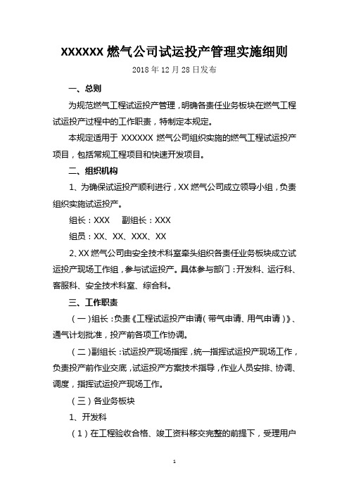 XX燃气公司试运投产管理实施细则