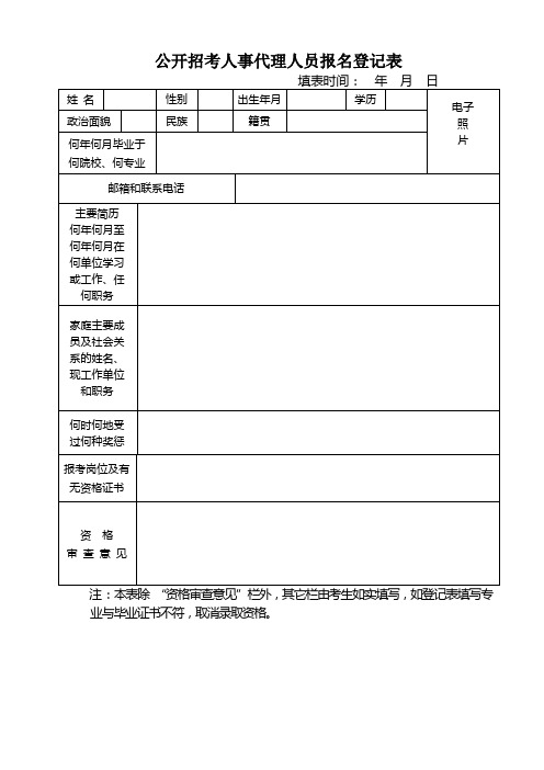 公开招考人事代理人员报名登记表
