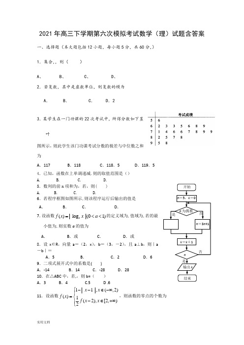 2021-2022年高三下学期第六次模拟考试数学(理)试题含答案