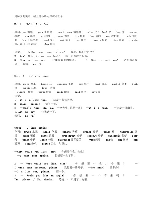 剑桥少儿英语一级上册各单元知识点汇总