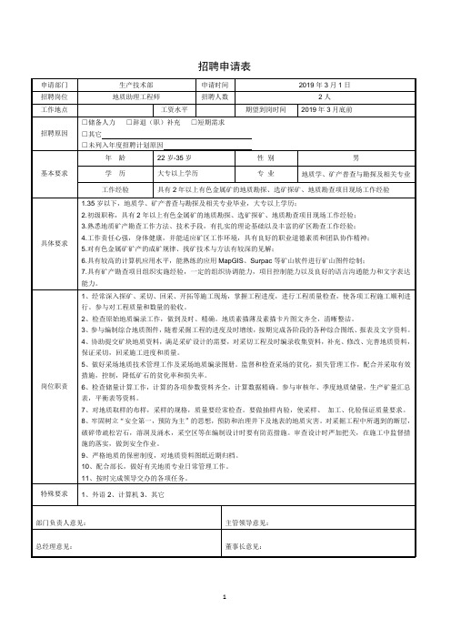 地质助理工程师招聘信息表(模板)