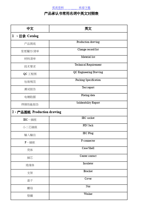 连接器产品承认书常用名词中英文对照表