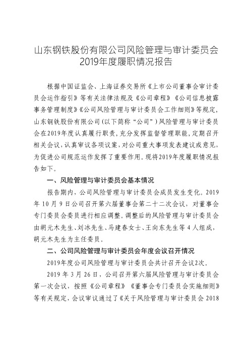 山东钢铁：风险管理与审计委员会2019年度履职情况报告