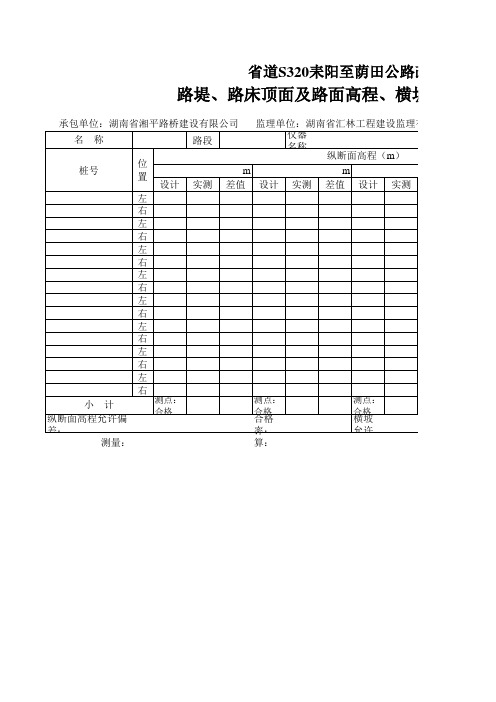 路堤、路床顶面及路面高程、横坡测量整理计算表