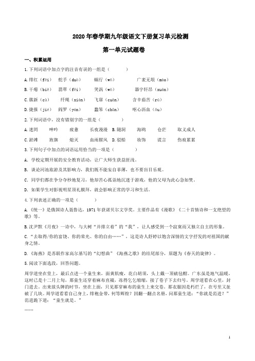 2020年春学期九年级语文下册复习各单元检测附答案详析
