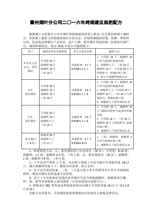 肇州二〇一六年烤烟施肥配方