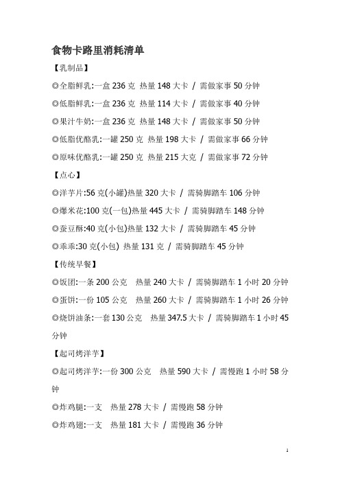 食物卡路里消耗清单(仅供参考)