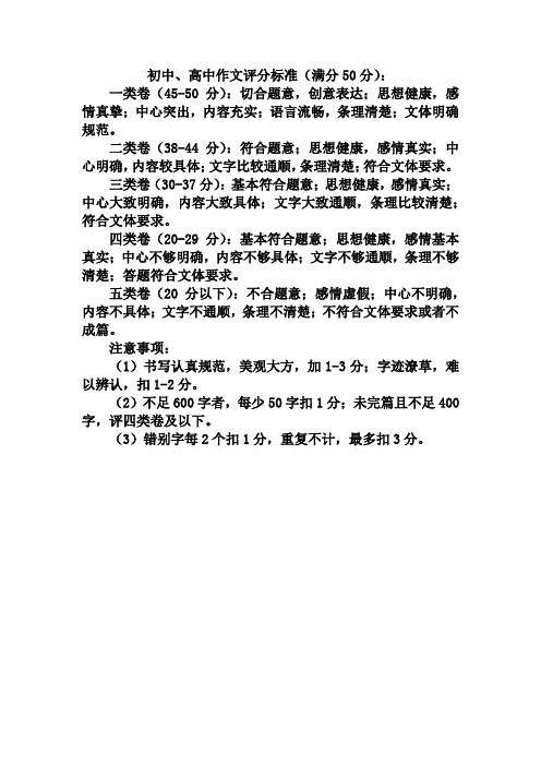 初中、高中作文评分标准(满分50分)