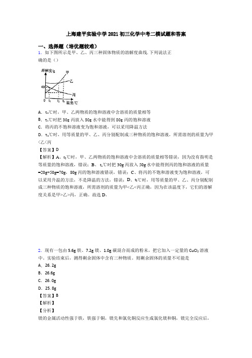 上海建平实验中学2021初三化学中考二模试题和答案
