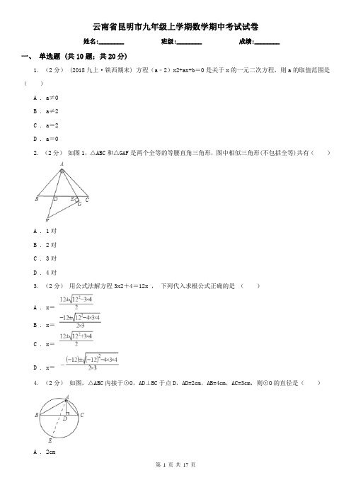 云南省昆明市九年级上学期数学期中考试试卷