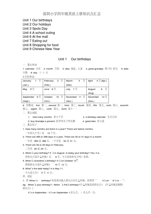 深圳朗文版小学四年级英语上册知识点汇总,推荐文档