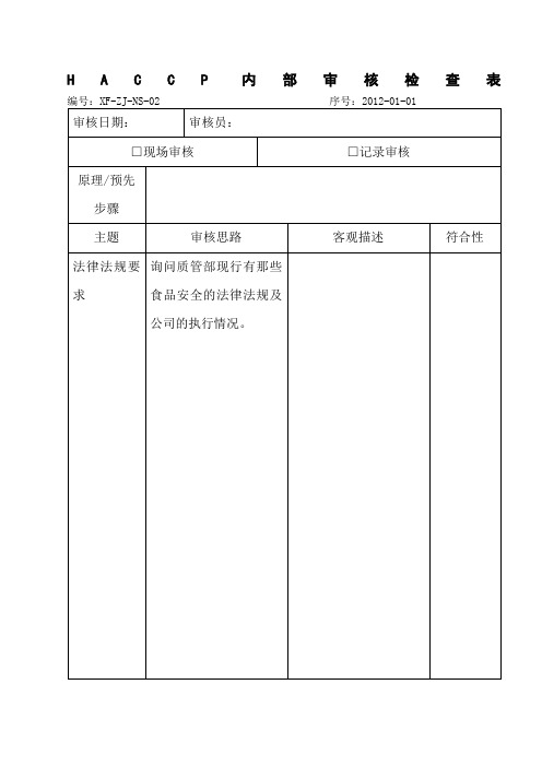 HACCP内部审核检查表