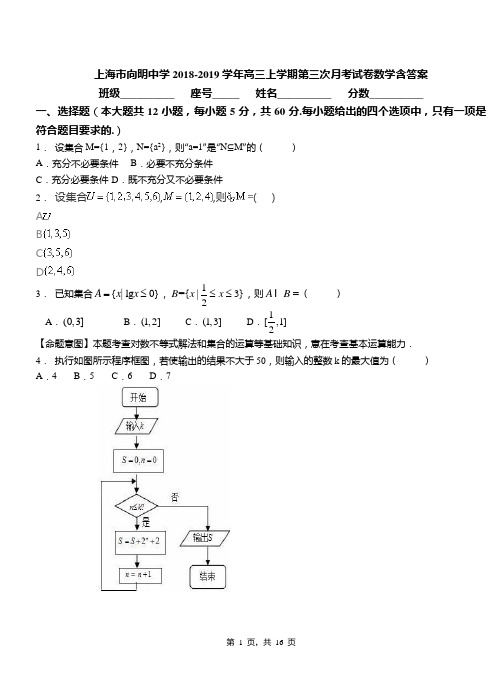 上海市向明中学2018-2019学年高三上学期第三次月考试卷数学含答案